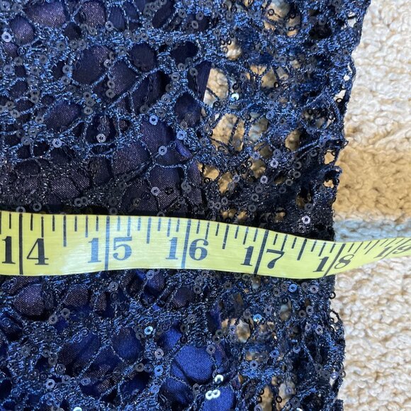 Alex Evenings Sheer Lace Sequin Dress w/ Slip Navy Bell Sleeves Fairy Whimsical - Picture 9 of 13